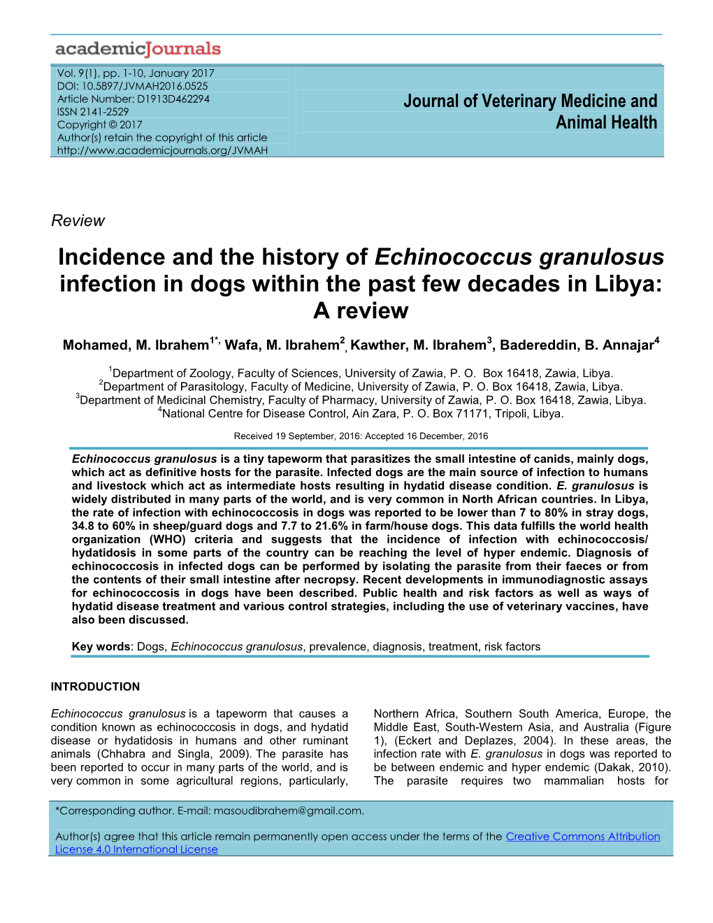Incidence and the History of Echinococcus Granulosus Infection in Dogs Within the Past Few Decades in Libya: a Review