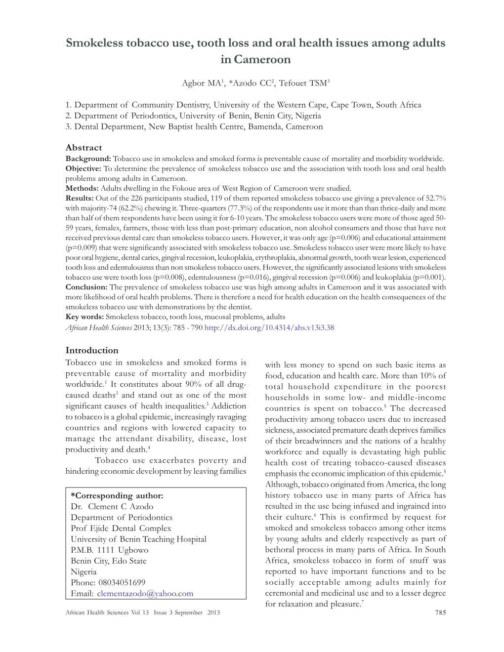 Smokeless Tobacco Use, Tooth Loss and Oral Health Issues Among Adults in Cameroon