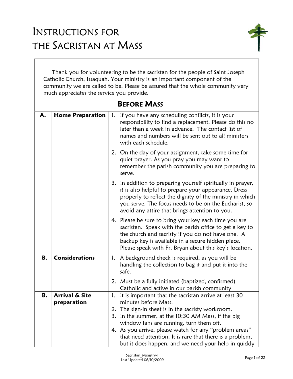 Instructions for the Sacristan at Mass