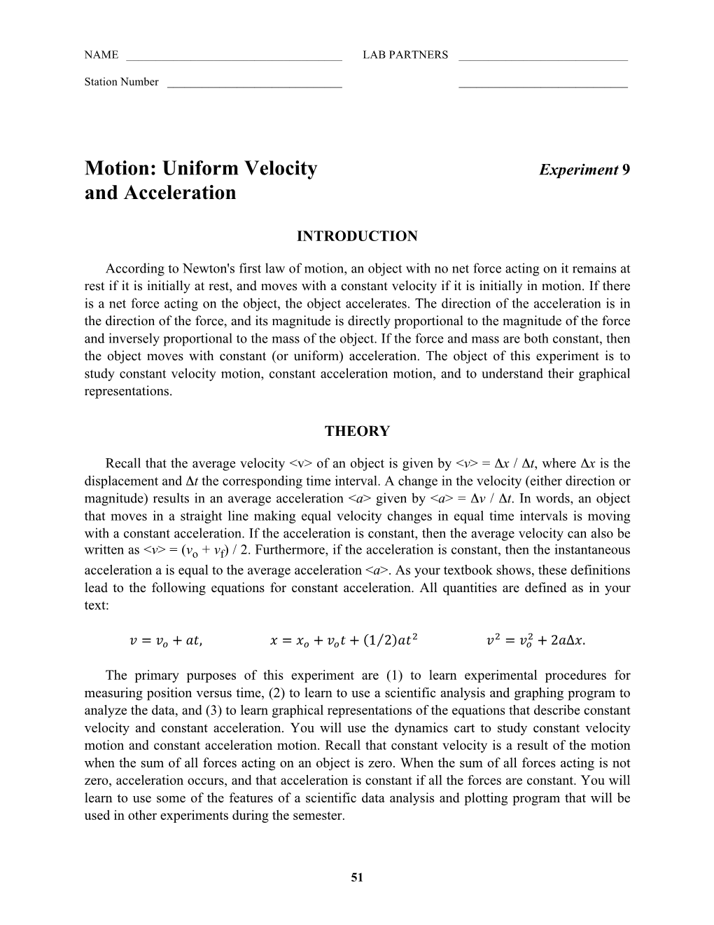 Uniform Velocity and Acceleration