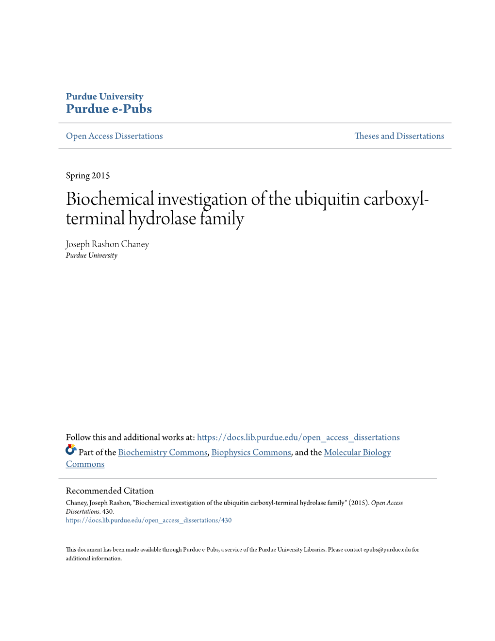 Biochemical Investigation of the Ubiquitin Carboxyl-Terminal Hydrolase Family