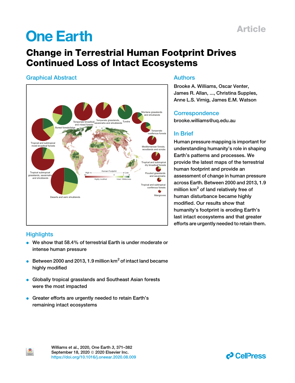 Change in Terrestrial Human Footprint Drives Continued Loss of Intact Ecosystems