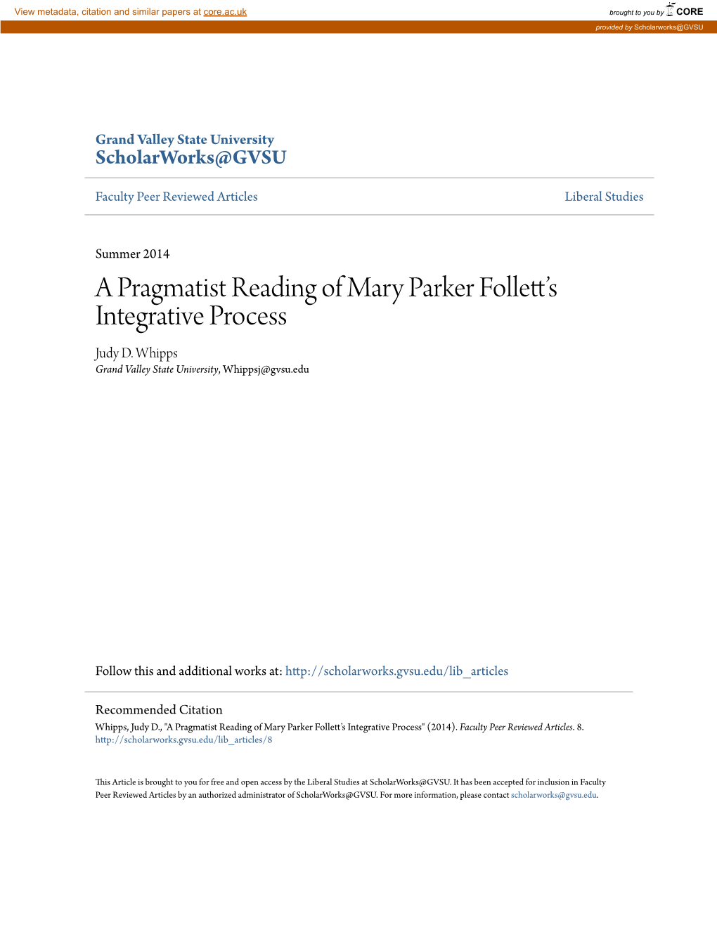 A Pragmatist Reading of Mary Parker Follett's Integrative Process