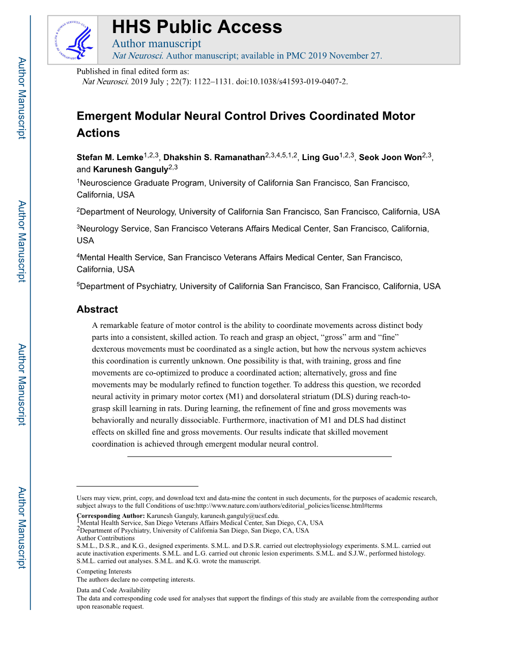 Emergent Modular Neural Control Drives Coordinated Motor Actions