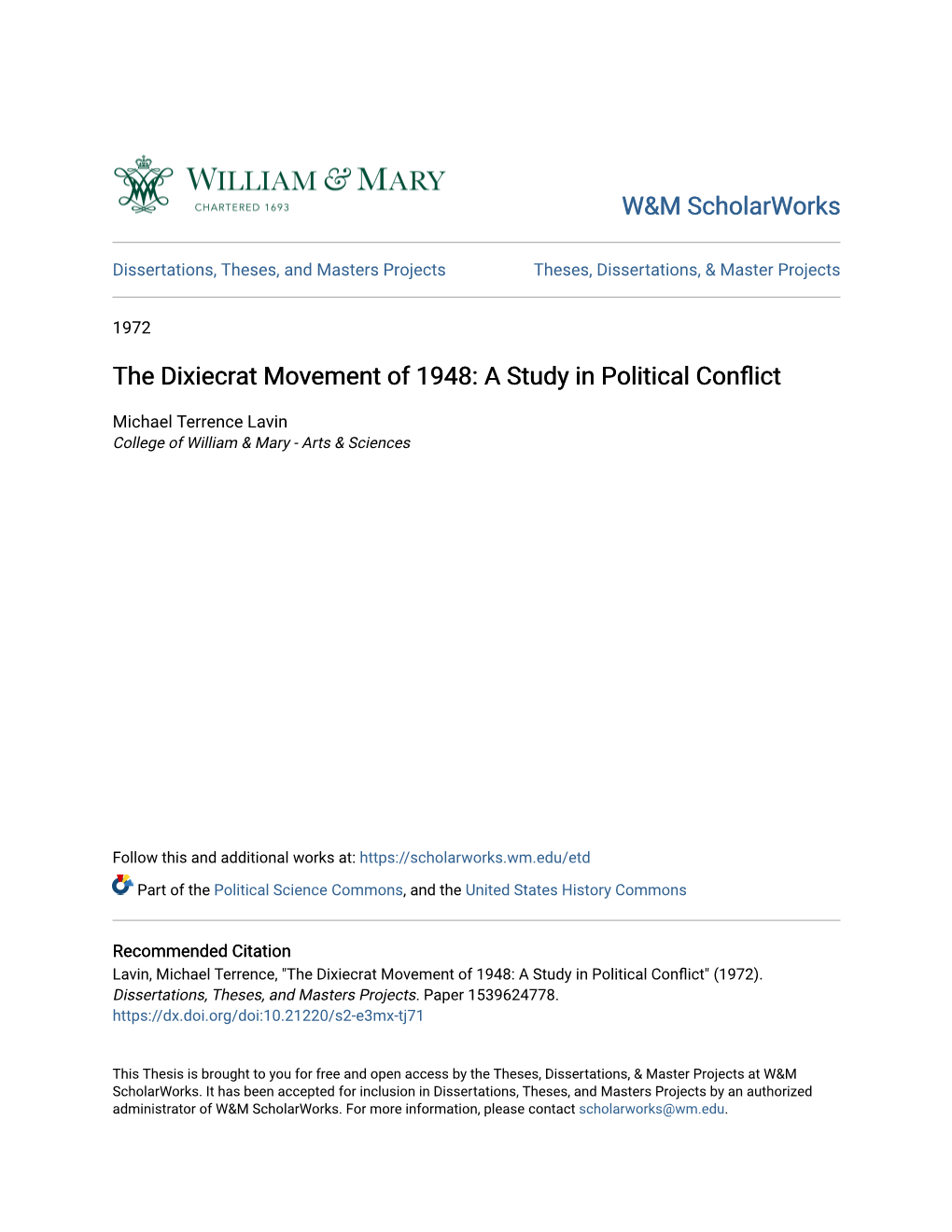 The Dixiecrat Movement of 1948: a Study in Political Conflict