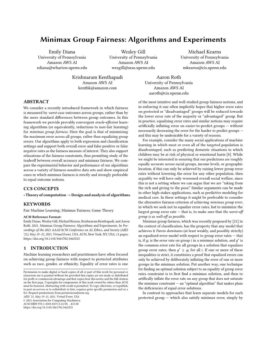 Minimax Group Fairness: Algorithms and Experiments