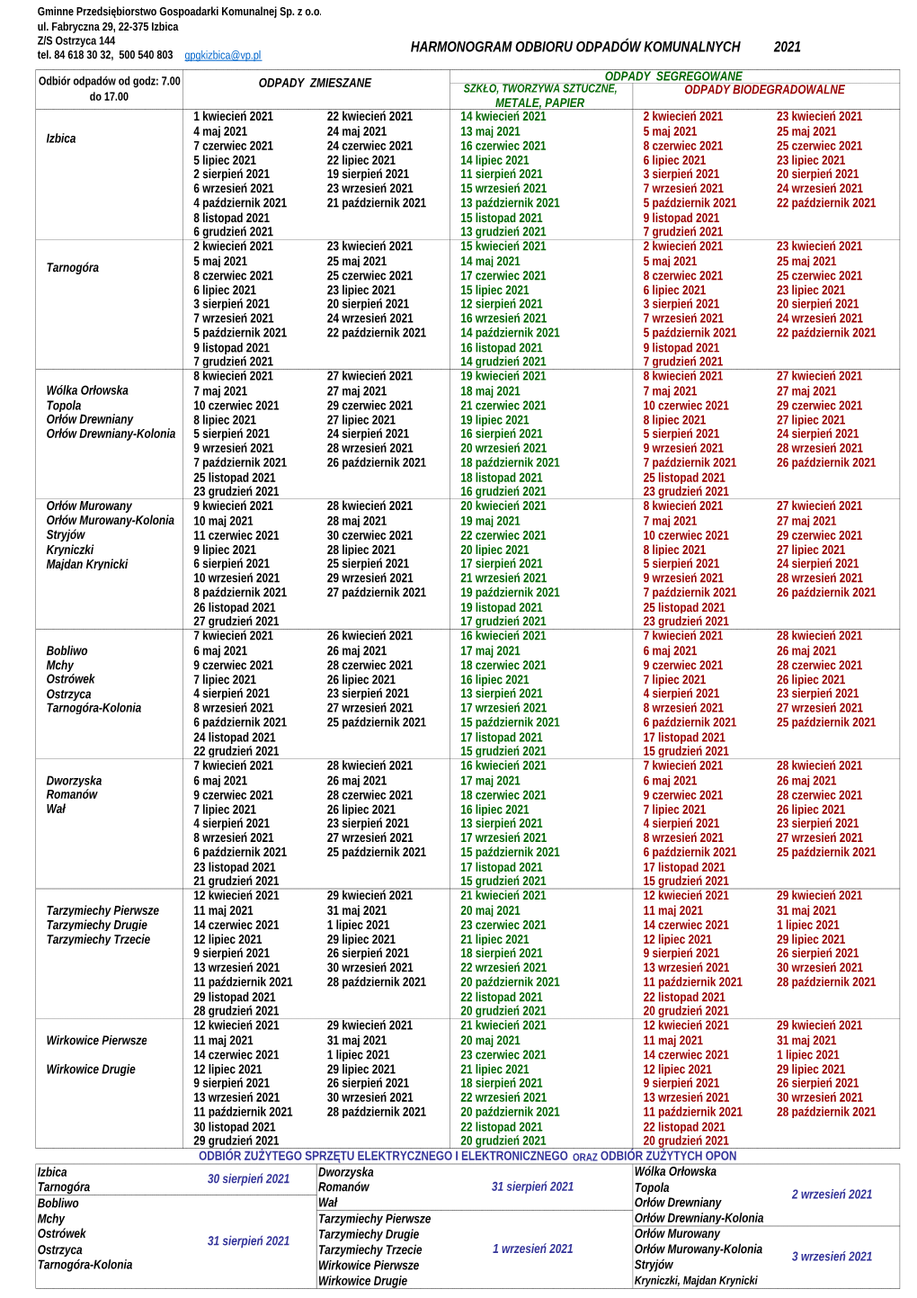 HARMONOGRAM ODBIORU ODPADÓW KOMUNALNYCH 2021 Tel