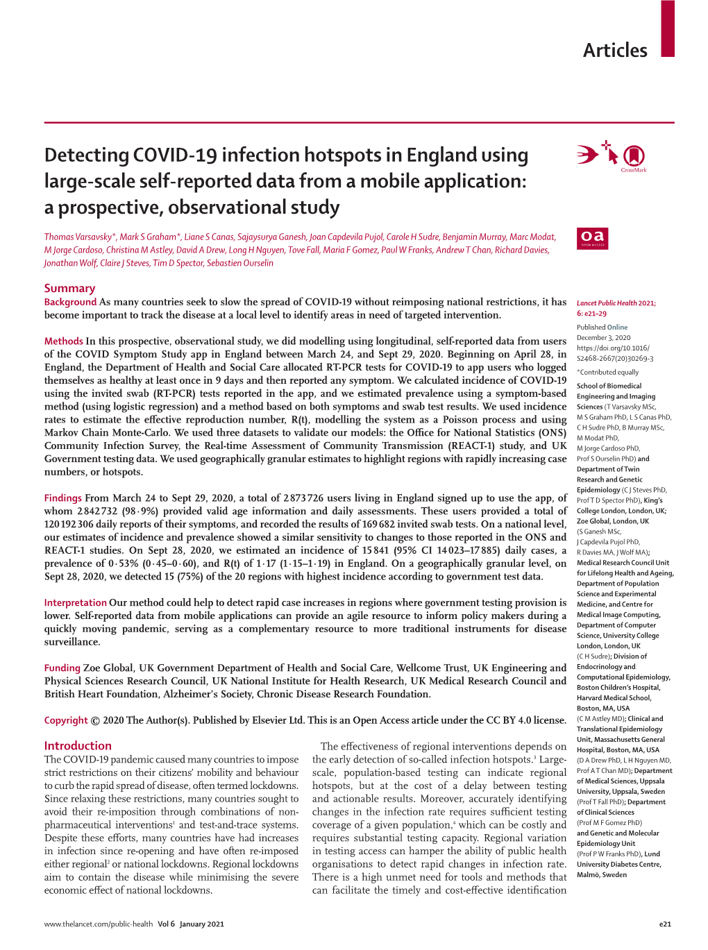 Detecting COVID-19 Infection Hotspots in England Using Large-Scale Self-Reported Data from a Mobile Application: a Prospective, Observational Study