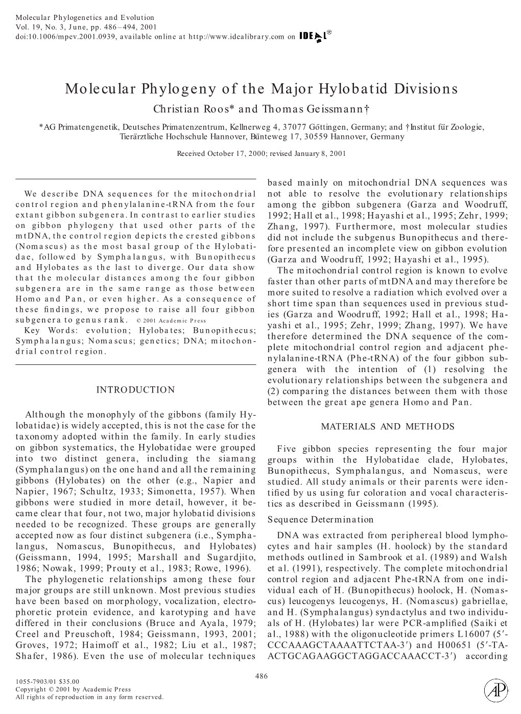 Molecular Phylogeny of the Major Hylobatid Divisions