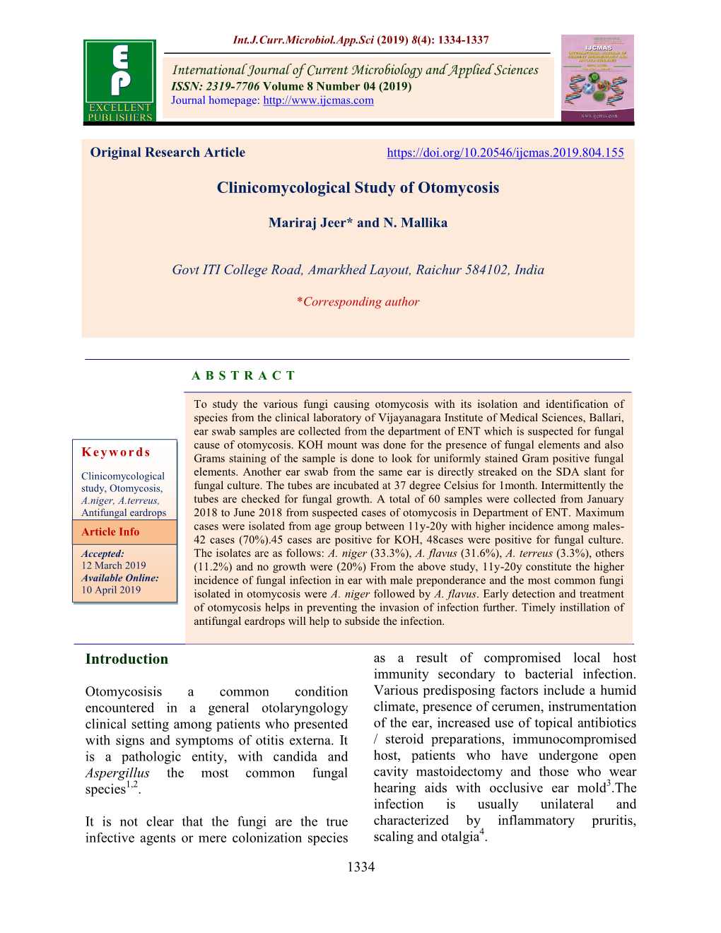 Clinicomycological Study of Otomycosis