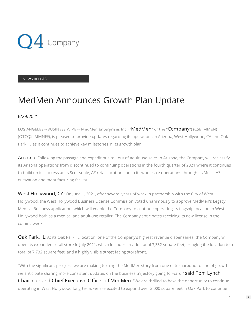 Medmen Announces Growth Plan Update