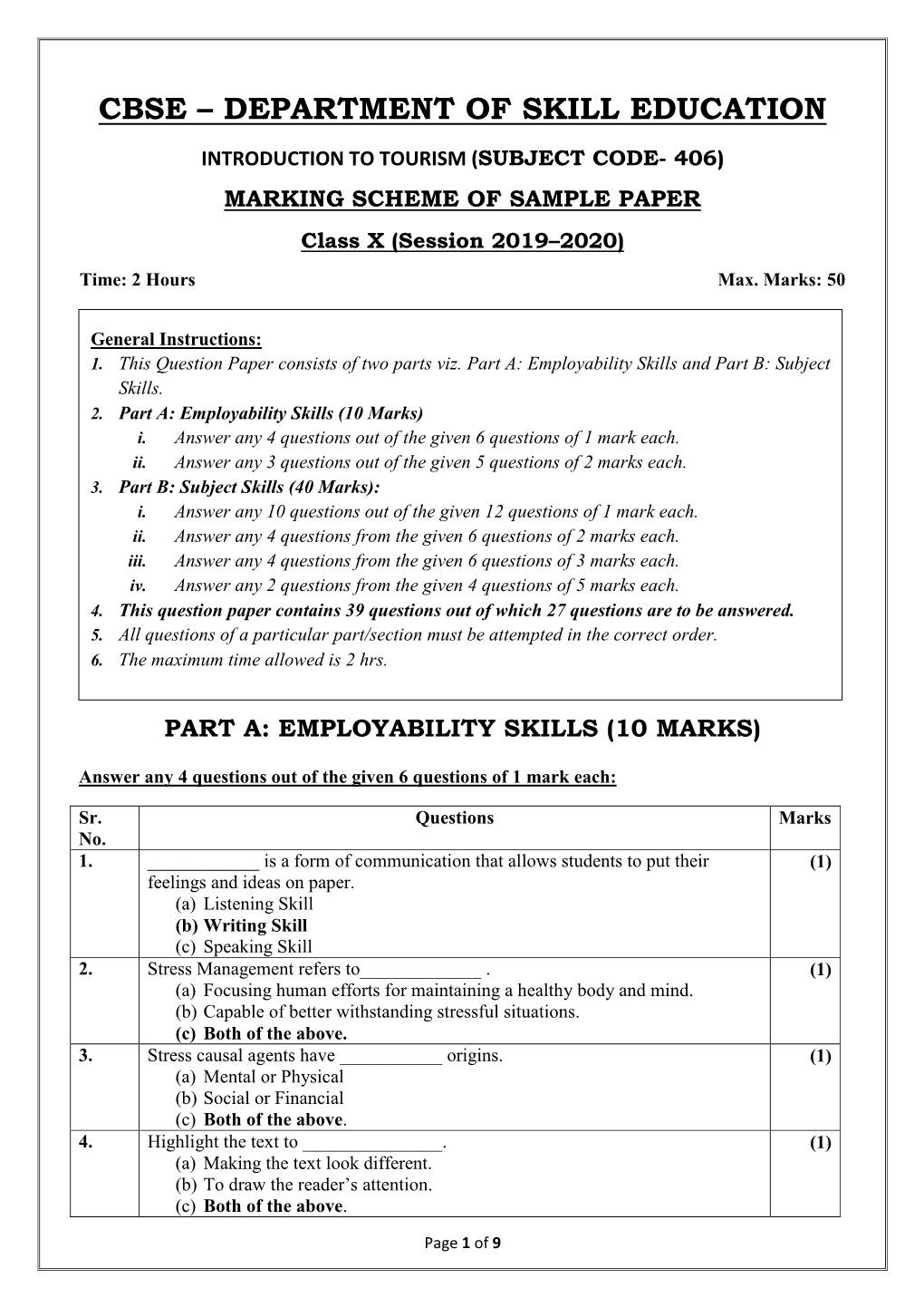 MARKING SCHEME of SAMPLE PAPER Class X (Session 2019–2020) Time: 2 Hours Max