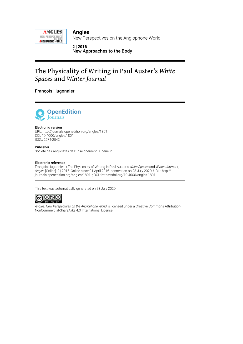 The Physicality of Writing in Paul Auster's White Spaces and Winter Journal