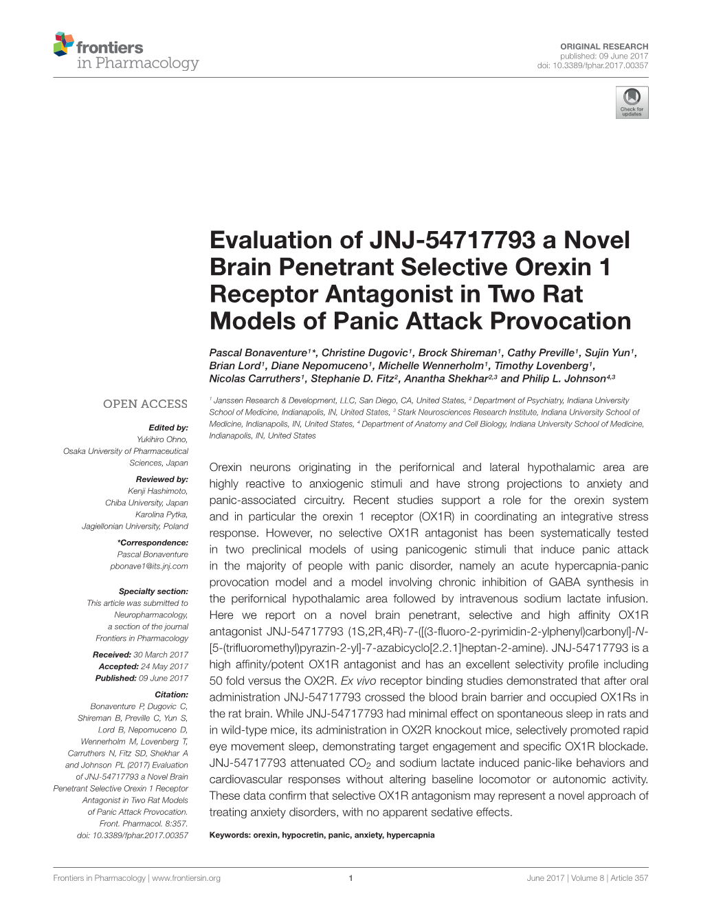 Evaluation of JNJ-54717793 a Novel Brain Penetrant Selective Orexin 1 Receptor Antagonist in Two Rat Models of Panic Attack Provocation