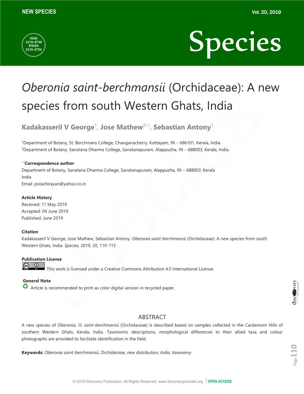 Oberonia Saint-Berchmansii (Orchidaceae): a New Species from South Western Ghats, India