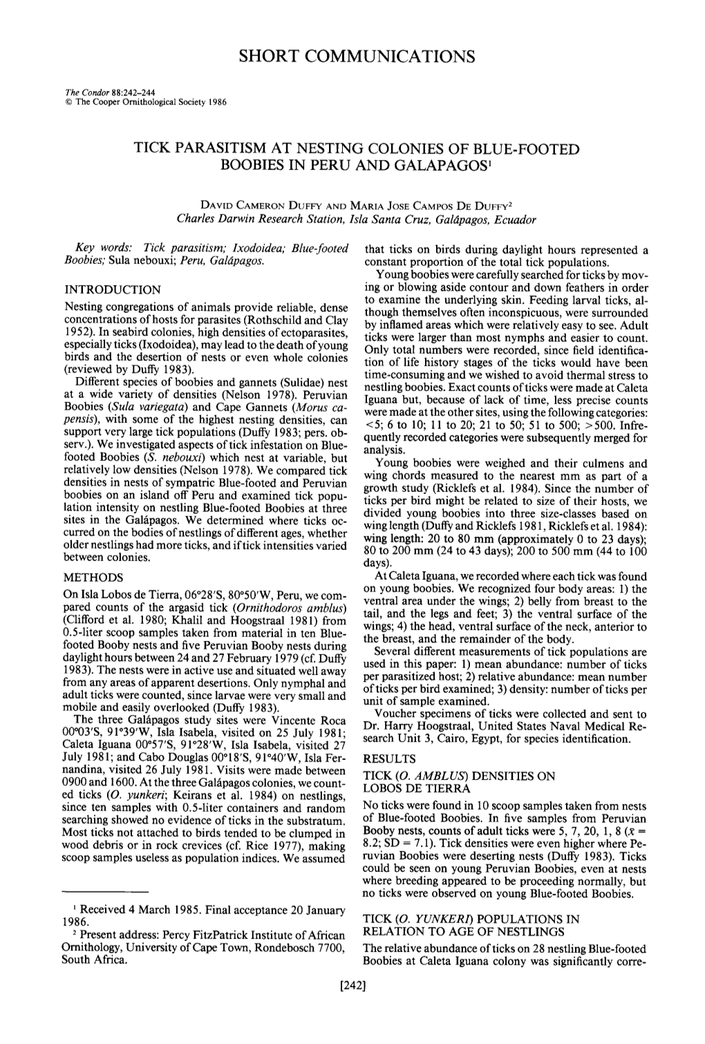 Tick Parasitism at Nesting Colonies of Blue-Footed Boobies in Peru and Galapagos ’