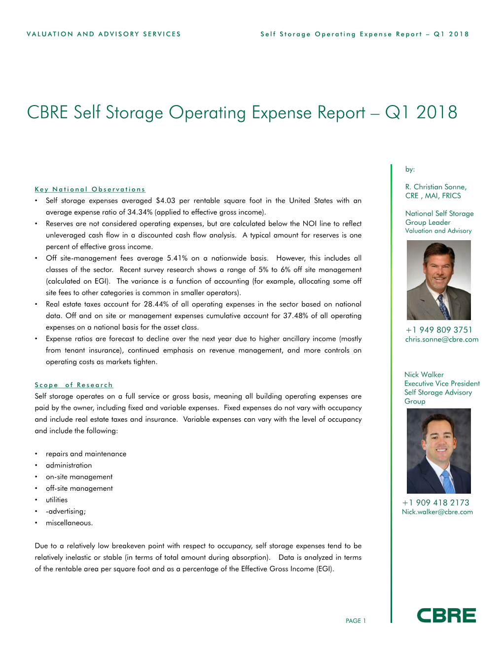 CBRE Self Storage Operating Expense Report – Q1 2018