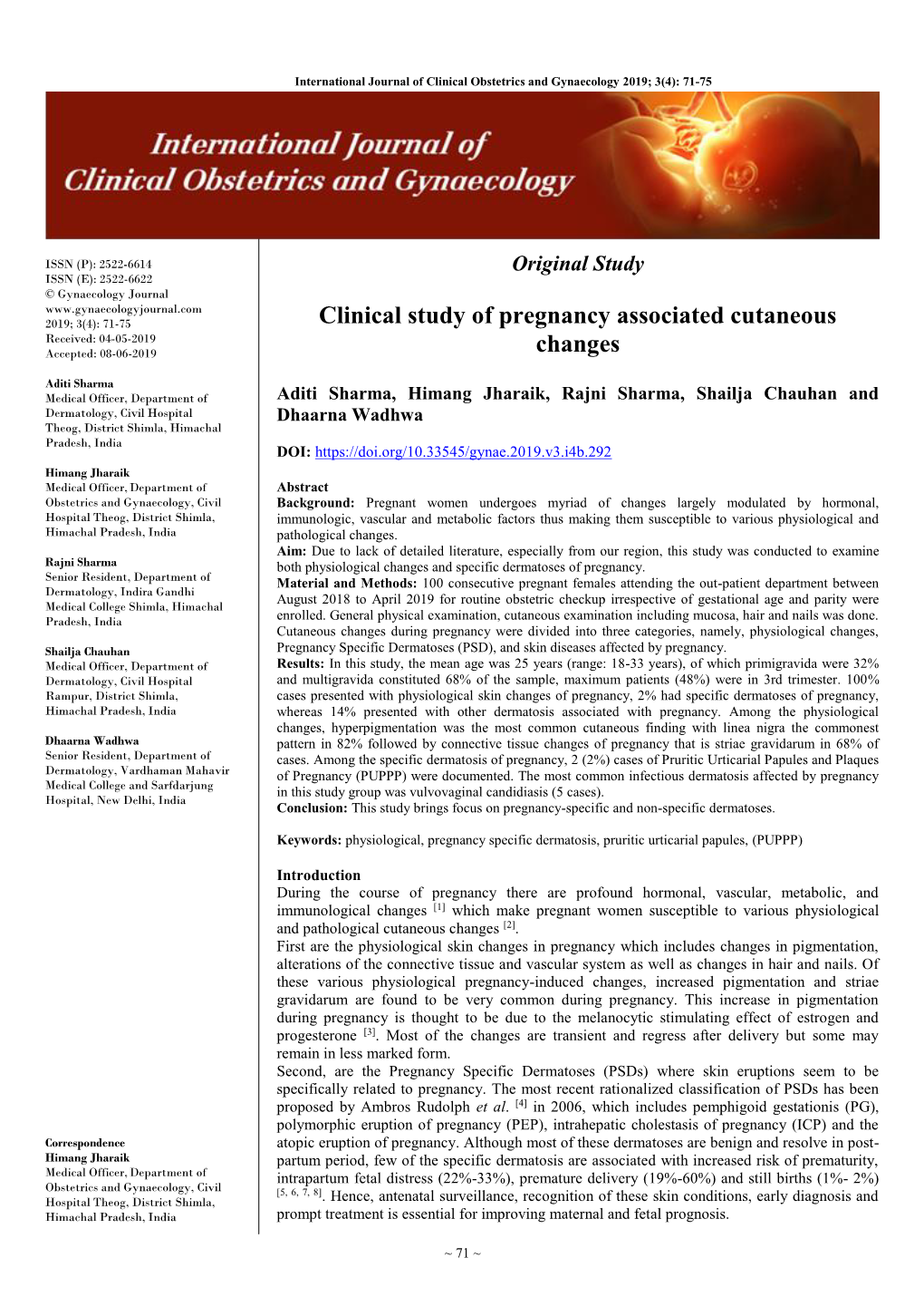 Clinical Study of Pregnancy Associated Cutaneous Changes