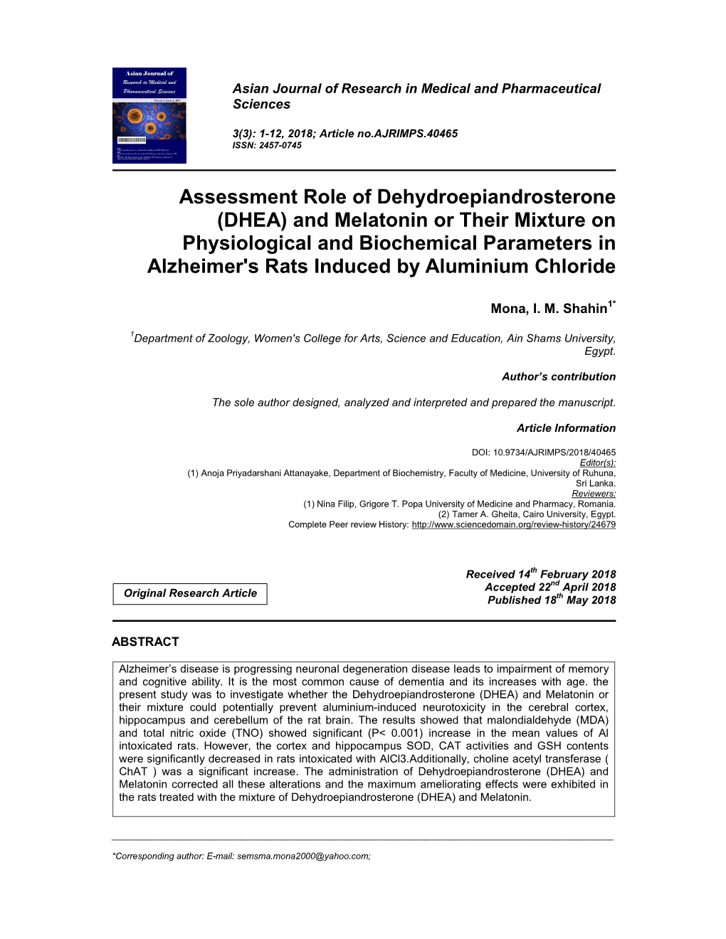 Assessment Role of Dehydroepiandrosterone (DHEA