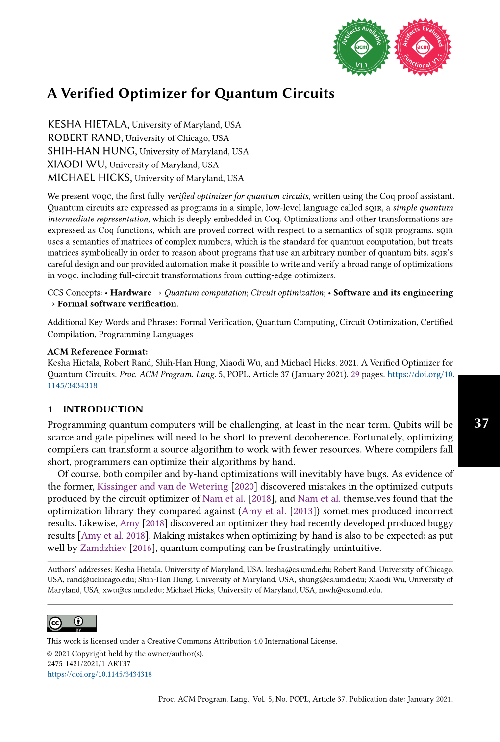 A Verified Optimizer for Quantum Circuits