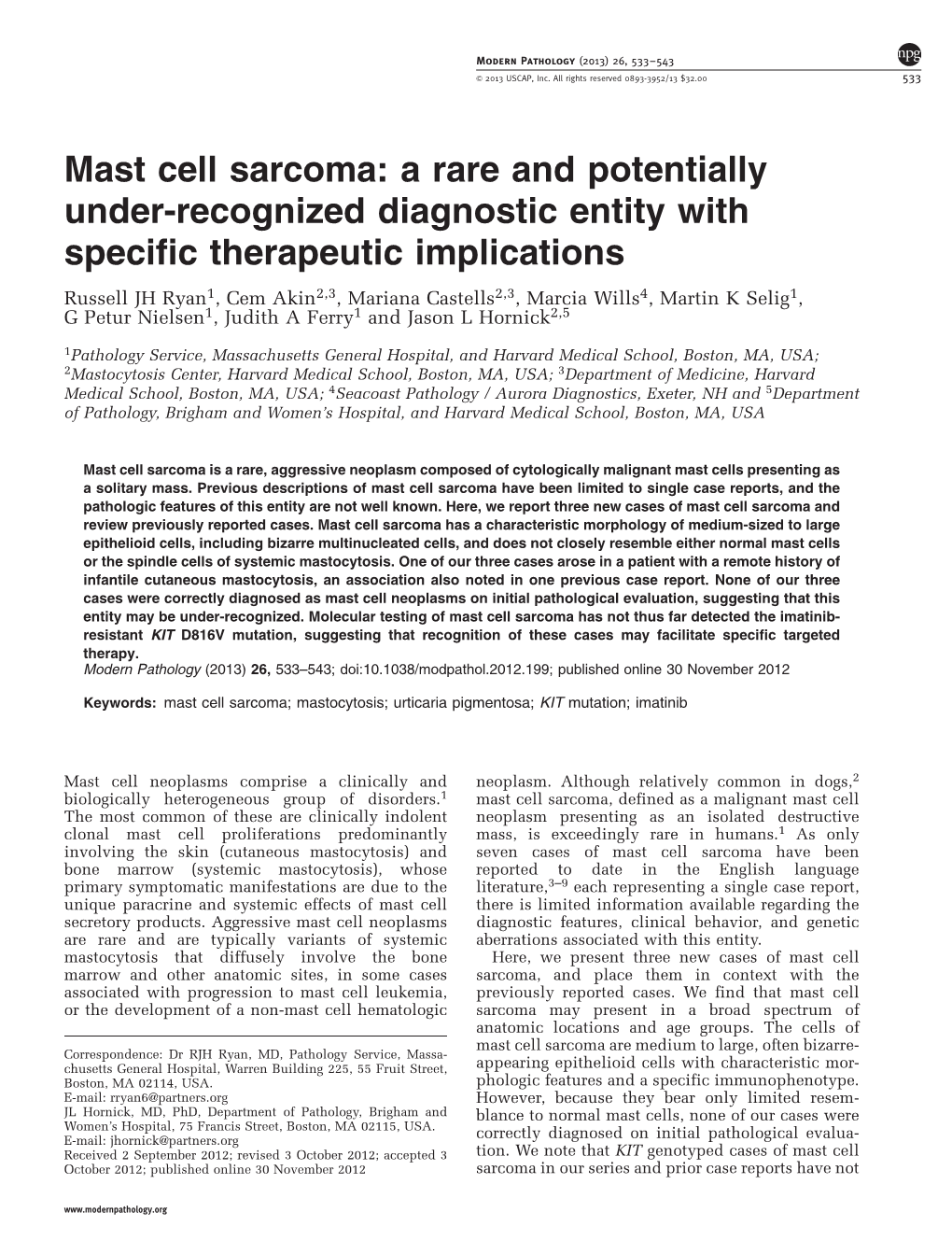 Mast Cell Sarcoma: a Rare and Potentially Under