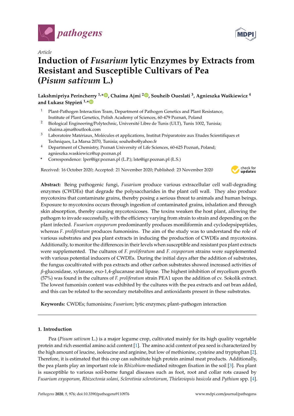 Induction of Fusarium Lytic Enzymes by Extracts from Resistant and Susceptible Cultivars of Pea (Pisum Sativum L.)