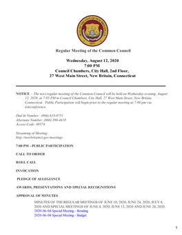 Wednesday, August 12, 2020 7:00 PM Council Chambers, City Hall, 2Nd Floor, 27 West Main Street, New Britain, Connecticut