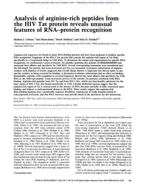 Analysis of Arginine-Rich Peptides from the HIV Tat Protein Reveals Unusual Features of RNA-Protein Recognition