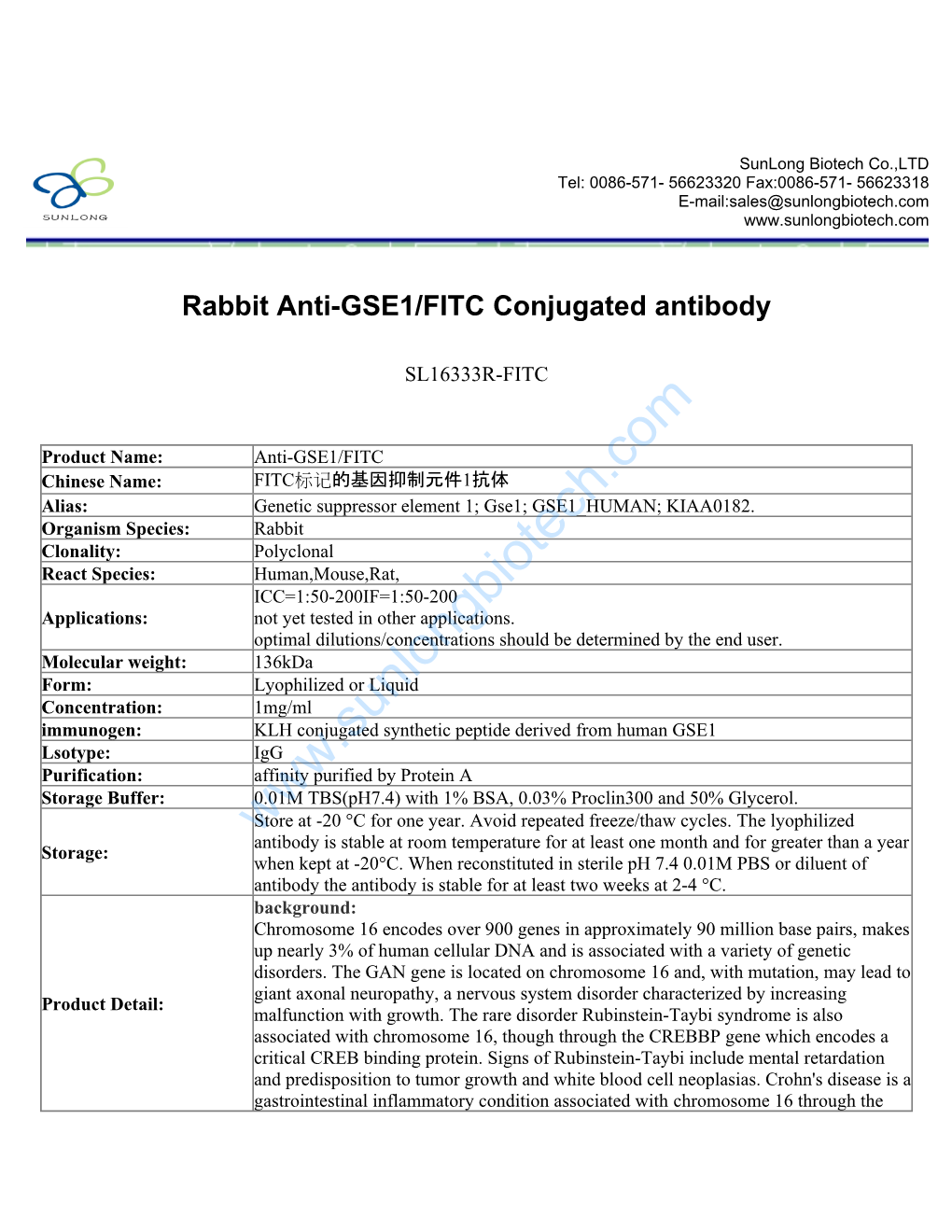 Rabbit Anti-GSE1/FITC Conjugated Antibody-SL16333R-FITC