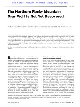 The Northern Rocky Mountain Gray Wolf Is Not Yet Recovered