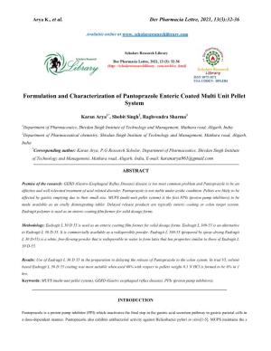 Formulation and Characterization of Pantoprazole Enteric Coated Multi Unit Pellet System