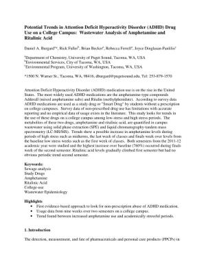 ADHD) Drug Use on a College Campus: Wastewater Analysis of Amphetamine and Ritalinic Acid