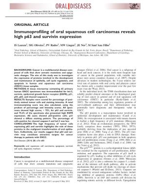 Immunoprofiling of Oral Squamous Cell Carcinomas Reveals High P63 and Survivin Expression
