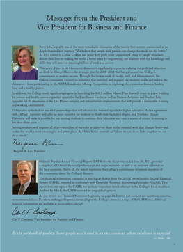 Messages from the President and Vice President for Business and Finance