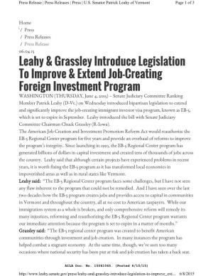 Leahy & Grassley Introduce Legislation to Improve & Extend Job-Creating Foreign Investment Program