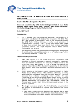 Determination of Merger Notification M/07/006 – Gmg/Saga