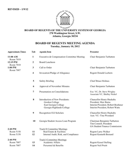 BOARD of REGENTS MEETING AGENDA Tuesday, January 10, 2012