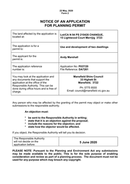 Notice of an Application for Planning Permit