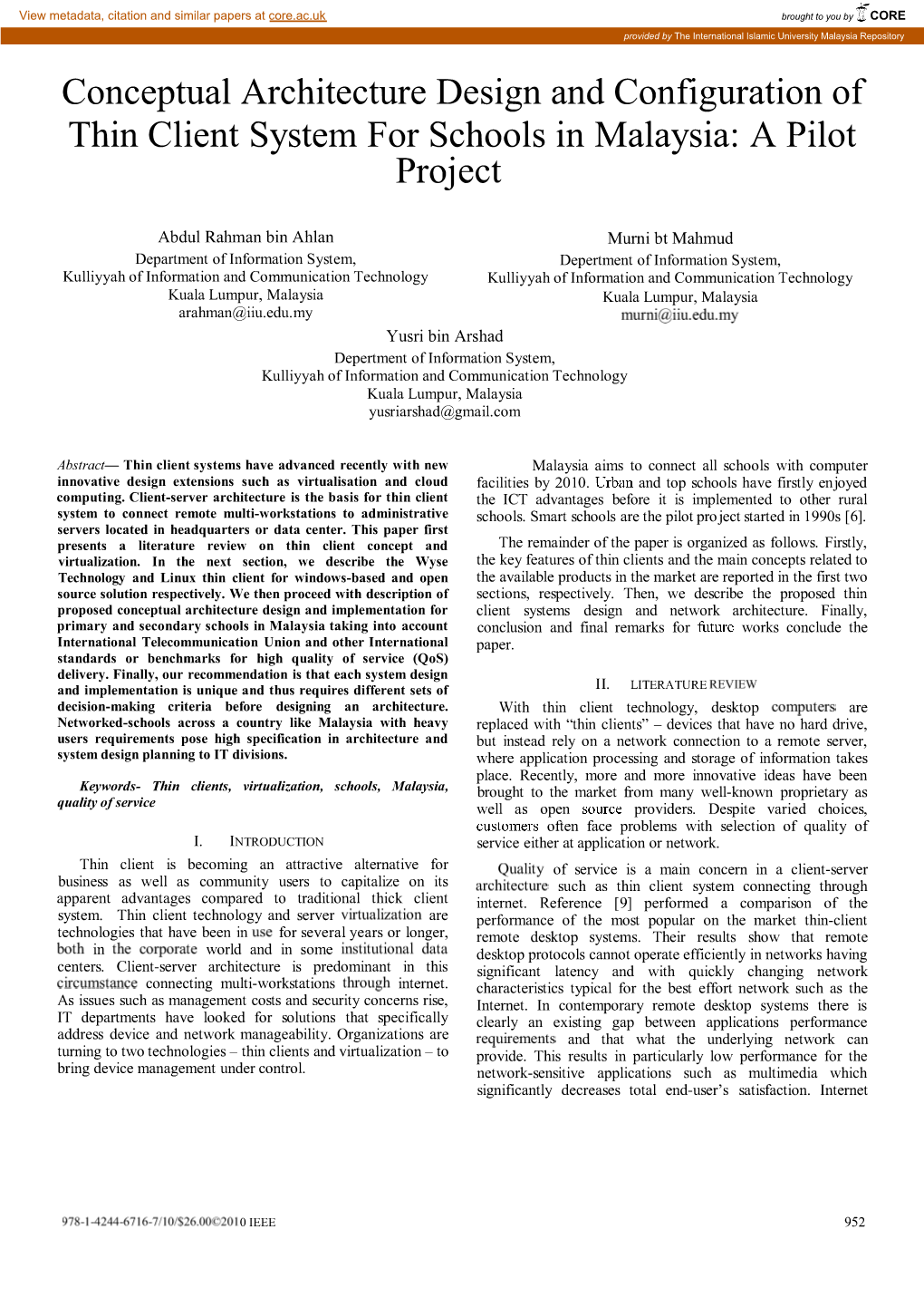 Conceptual Architecture Design and Configuration of Thin Client System for Schools in Malaysia: a Pilot Project