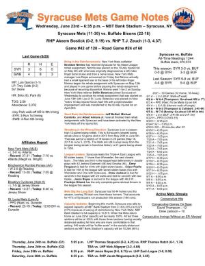 June 23Rd Syracuse Mets Game Notes Vs. Buffalo Bisons