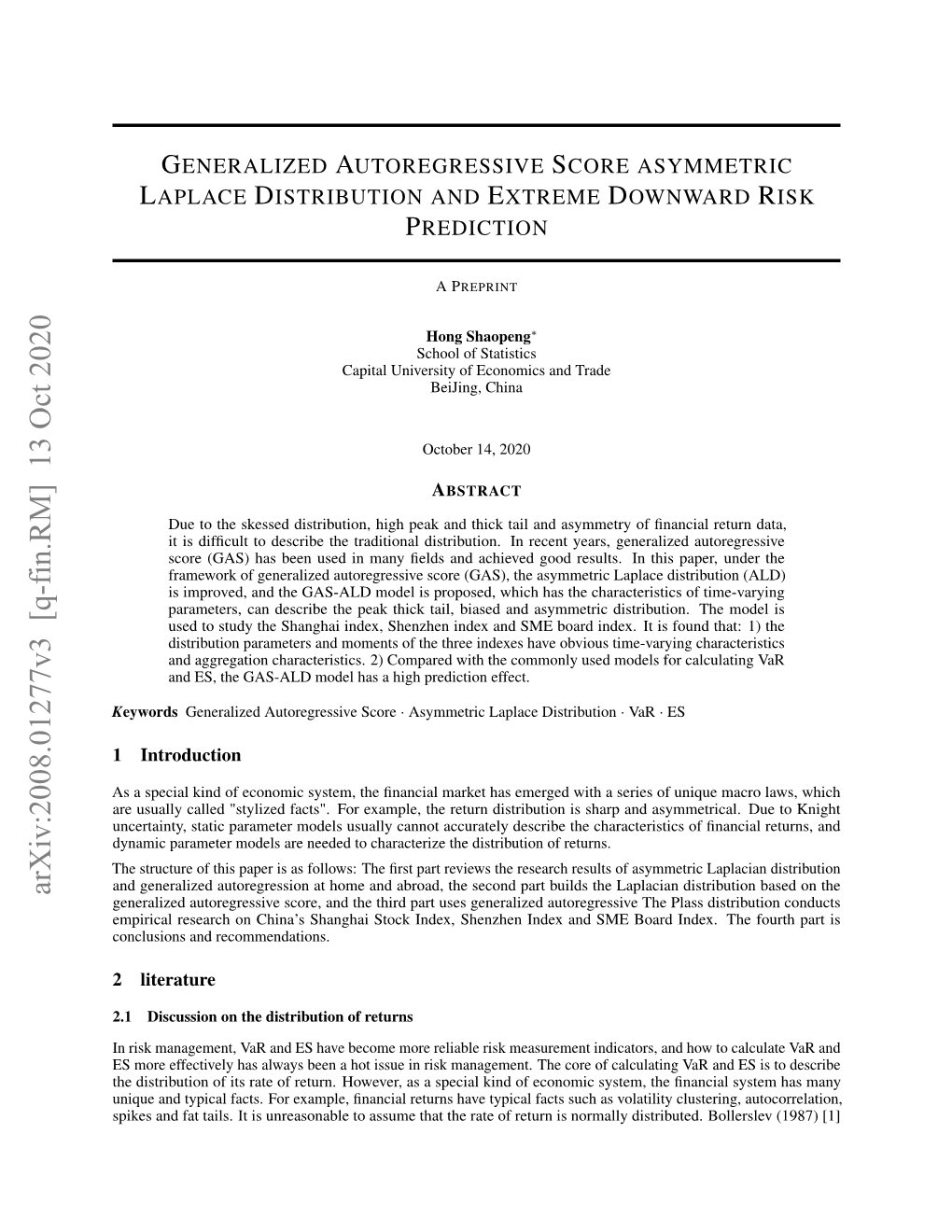 Arxiv:2008.01277V3 [Q-Fin.RM] 13 Oct 2020