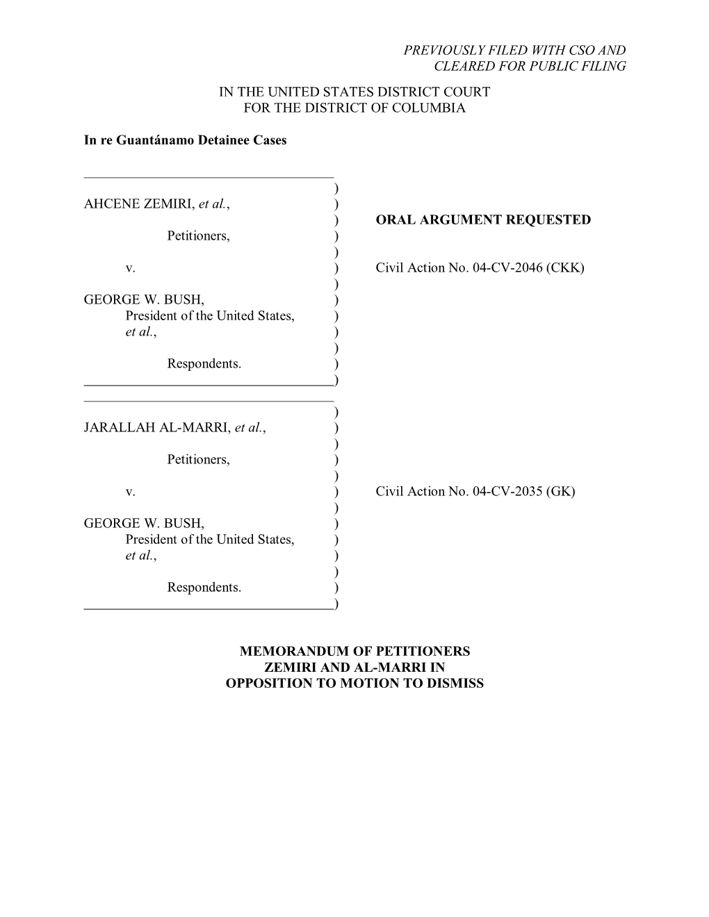 Previously Filed with Cso and Cleared for Public Filing in the United States District Court for the District of Columbia