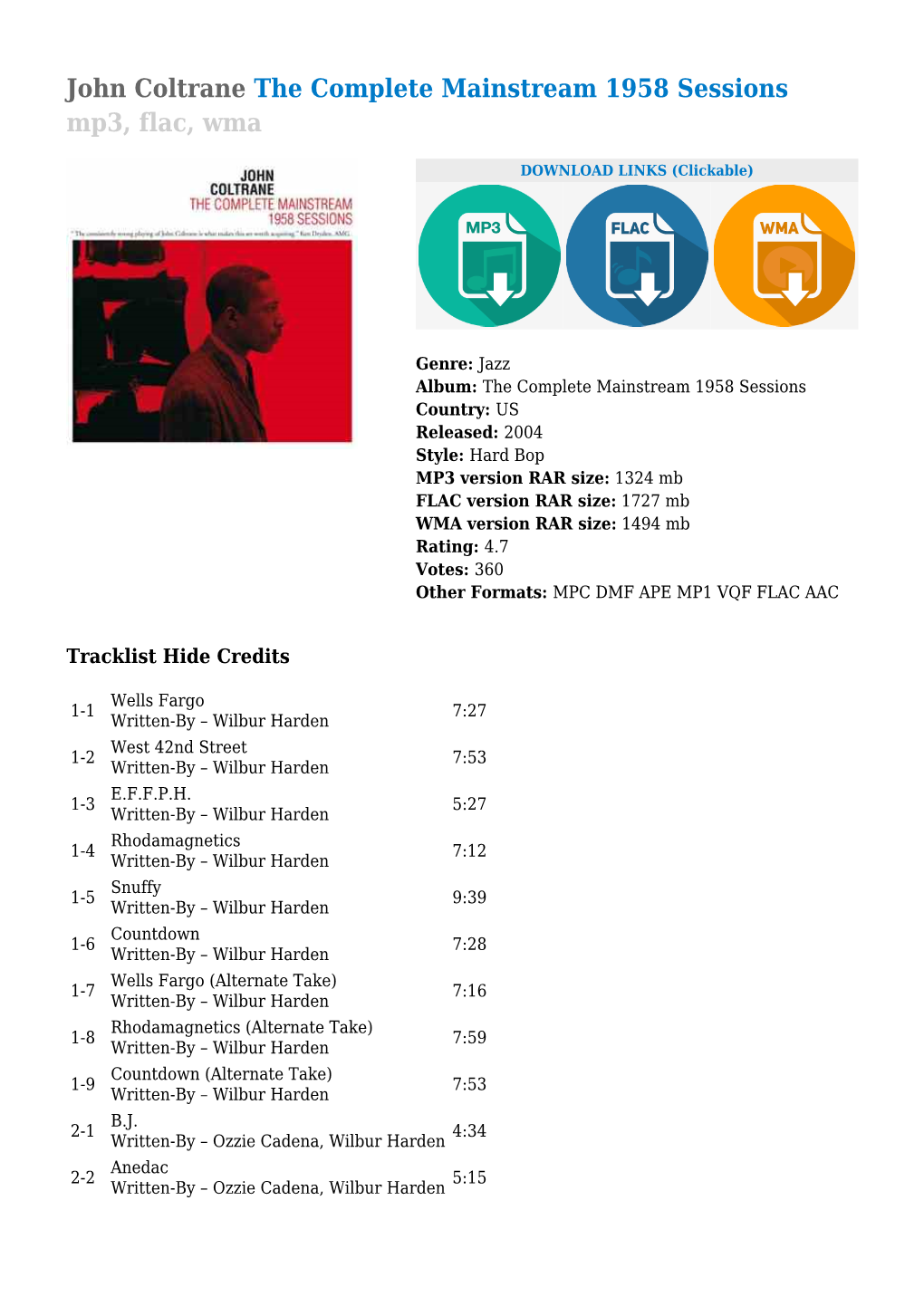 John Coltrane the Complete Mainstream 1958 Sessions Mp3, Flac, Wma