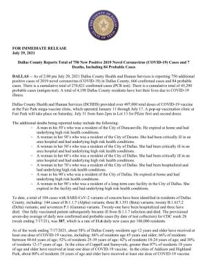 FOR IMMEDIATE RELEASE July 29, 2021 Dallas County Reports Total