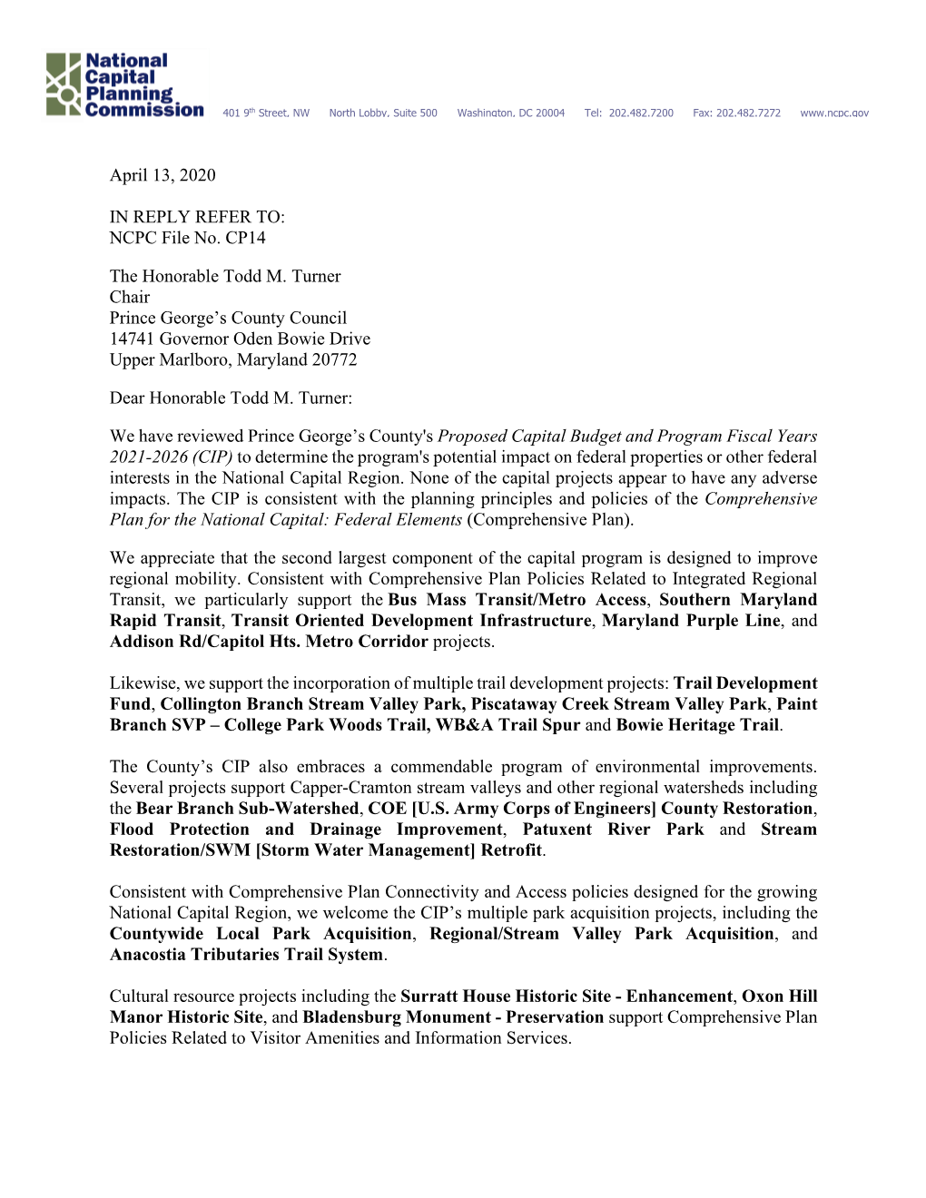 Prince George's County 2021 CIP Letter
