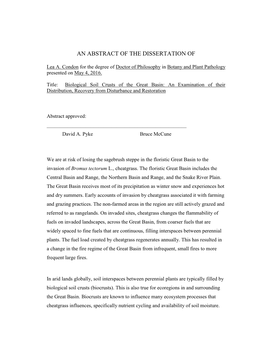 Biological Soil Crusts of the Great Basin: an Examination of Their Distribution, Recovery from Disturbance and Restoration