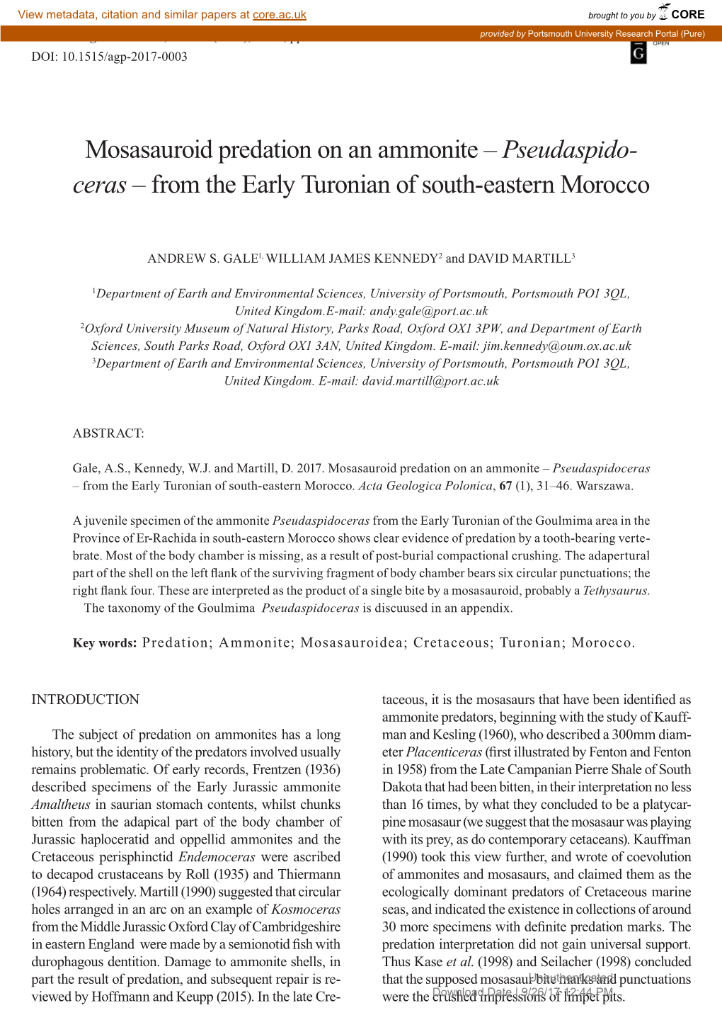 Mosasauroid Predation on an Ammonite – Pseudaspido- Ceras – from the Early Turonian of South-Eastern Morocco