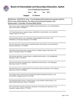 Board of Intermediate and Secondary Education, Sylhet List of Selected Examiners Exam: SSC Year: 2019