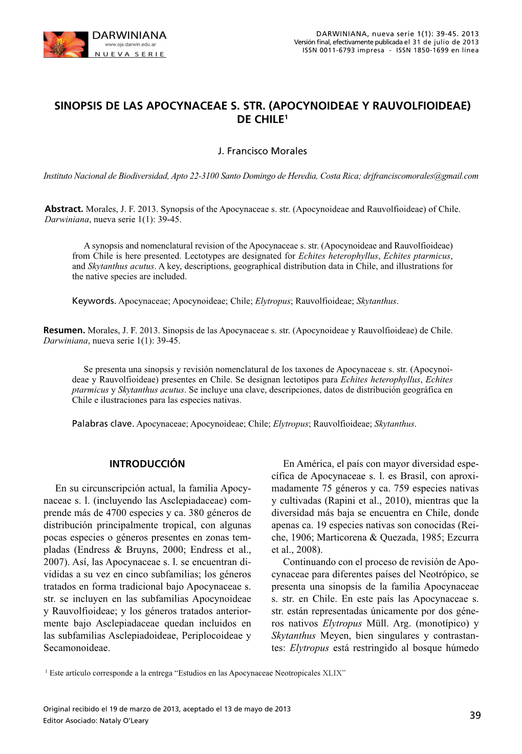 Sinopsis De Las Apocynaceae S. Str. (Apocynoideae Y Rauvolfioideae) De Chile1