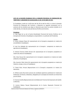 Acta De La Reunión Celebrada Por La Comisión Provincial De Ordenación Del Territorio Y Urbanismo De Guadalajara, El Dia 30 De Abril De 2015